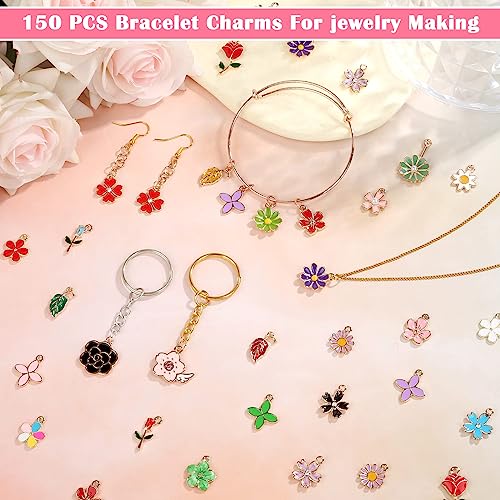 Acejoz 150Pcs Flower Charms for Jewelry Making(In Pairs), Assorted Jewelry Enamel Charms, Wholesale Mixed Bulk Metal Earring Charms for DIY Necklace Bracelet Earring Jewelry Making and Crafting