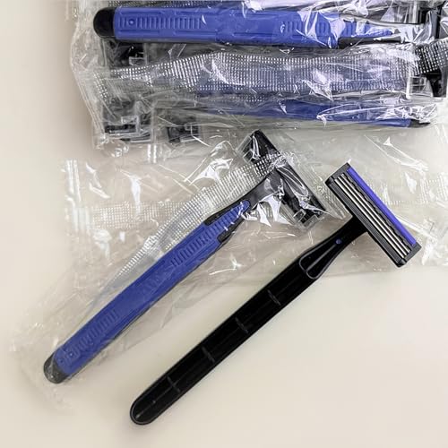 Individually Wrapped 3 Blades Razors Bulk, Travel Size Disposable Manual Razors with Stainless Steel Blade (Blue) (50)