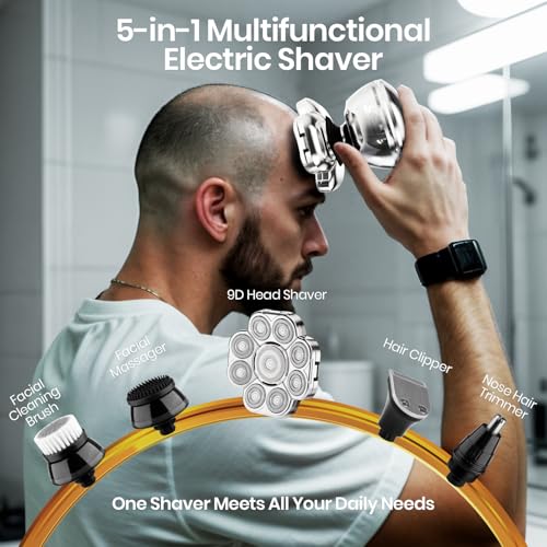 9D Head Shavers for Bald Men, 5-in-1 Upgraded Electric Razor, Cordless Rechargeable Electric Shavers for Men, IPX7 Waterproof Wet Dry Grooming Kit for Balder with LED Display, Gift for Husband Dad
