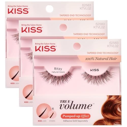 KISS True Volume False Eyelashes, Ritzy', 14 mm, 100% Natural Hair, Tapered End Technology, Contact Lens Friendly, Easy to Apply, Includes 1 Pair Reusable Strip Lashes (Pack of 3)