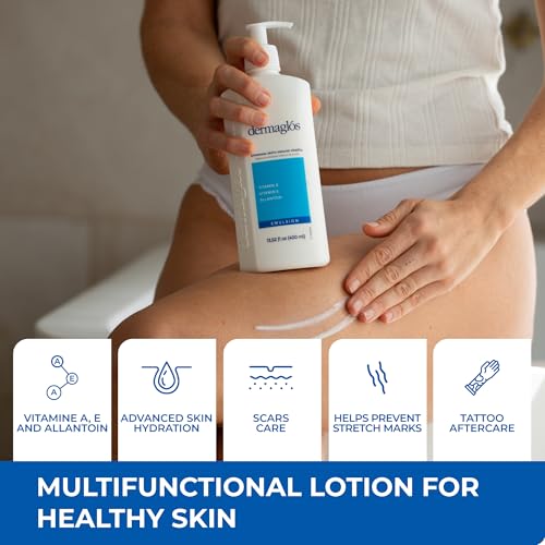 Dermaglos Moisturizing Body Lotion for Dry Skin with Extra Vitamin A, Vitamin E & Allantoin | Regenerating Lightweight Moisturizer for Stretch Marks, Tattoos Aftercare, Scars & Wrinkles | 13.52 Fl Oz