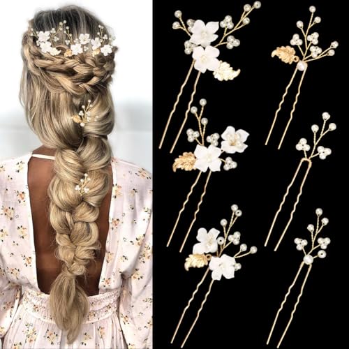 Gold Pearl & Flower Bridal Hair Pins - 6-Piece Wedding Hairpiece Set