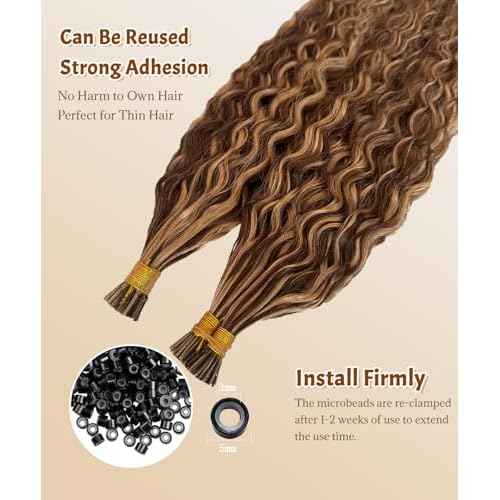 Curly I Tip Hair Extensions Human Hair 4P27 26 Inch Water Wave Cold Fusion Itip Flawless Microlinks Hair Extensions Invisible Blends Naturally Individual Strands for Black Women 50G Brown to Blonde