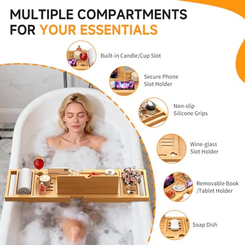 Bamboo Bathtub Caddy Tray with Expandable Sides