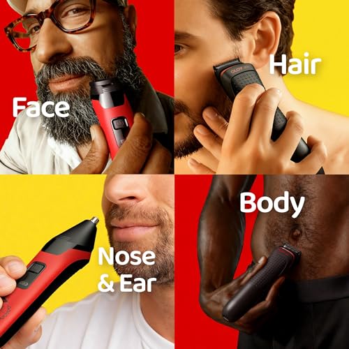 Electric Beard Trimmer for Men,Nose Hair Trimmer & Electric Razor 10-in-1 Grooming Kit Cordless Shaver Gift-Ready for Men(Red)