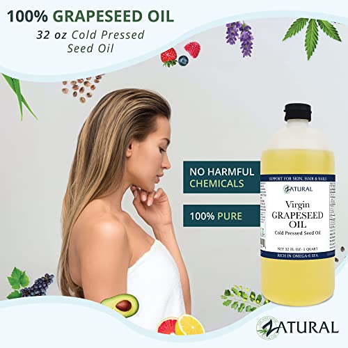 Zatural Grapeseed Oil Organically Grown 100% Pure Cold Pressed Virgin High Tempurature Cooking Oil (32oz)