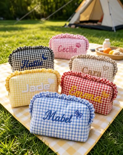 Personalized Ruffled Plaid Makeup Bag - Custom Name Cosmetic Pouch
