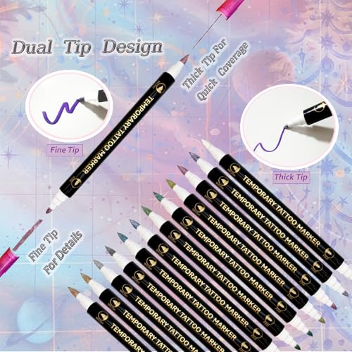Temporary Tattoo Markers with 52 Stencils - 12 Dual-Tip Pens