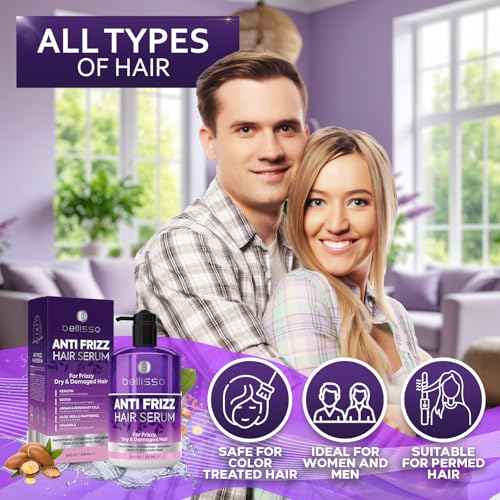 BELLISSO Anti Frizz Hair Serum for Frizzy and Damaged Hair - Humidity Treatment Control - Styling and Smoothing Products for Women and Men - 8.45 Fl Oz