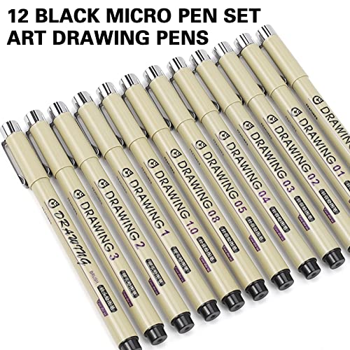 Micro Fineliner Drawing Art Pens: 12 Black Fine Line Waterproof Ink Set Artist Supplies Archival Inking Markers Liner Professional Sketch Outline Anime Sketching Watercolor Zentangle Gift Stuff