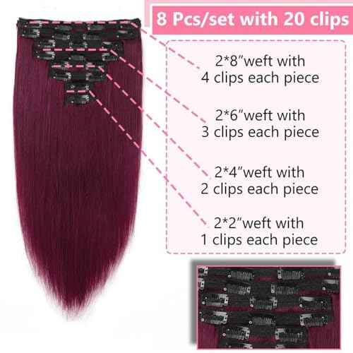 ShowJarlly Clip in Hair Extensions Real Human Hair 16 Inch Straight Clip Ins 8 Pcs Brazilian Remy Hair Extensions for Women #99J Burgundy