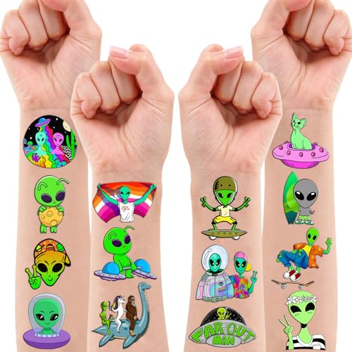 96PCS Cute Alien Temporary Tattoos Themed Birthday Party Decorations Supplies Favors Decor Funny Outer Space Galaxy Stickers Tattoo Gifts for Girls Boys School Prizes Carnival Halloween Christmas