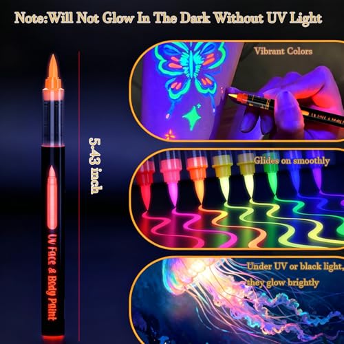 UV Glow Face Paint Markers - 8 Pens, Washable & Safe