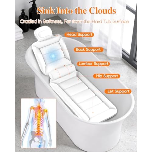 Full Body Bath Pillow for Bathtub, Thick Luxury Bathtub Cushion with Movable Lumbar Support and Laundry Bag, Bathtub Pillows for Head, Neck and Back Support, Bathtub Accessories for Women Spa Gift