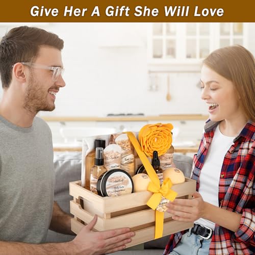 Bath Spa Gift Sets - Luxury Basket With Honey & Almond - Spa Kit Includes Wash, Bubble Bath, Lotion, Bath Salts, Body Scrub, Shower Puff, Bathbombs, Soap and Towel