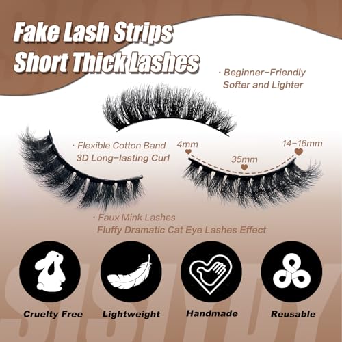 Fluffy Lashes Mink 3D Cat Eye Dramatic Thick Volume EyeLashes Wispy 16mm Full Lash Strips Faux Mink Eye Lashes C Curl Short Cat Eyelahses Pack YH302
