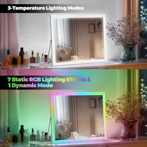Vanity Mirror with Lights,RGB & 3 Dimmable Light Modes Makeup Mirror with Touch Control,Light Up Mirror for Desk,360¡ÆRotation,17x22 Inch