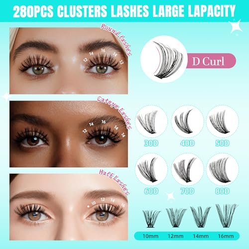 Lash Clusters Wispy 280PCS Eyelash Extension 40D Cluster Lashes Individual Lashes DIY Lash Extension Natural Look Cluster Eyelash Extensions Soft False Eyelashes at Home for Beginners(12mm)