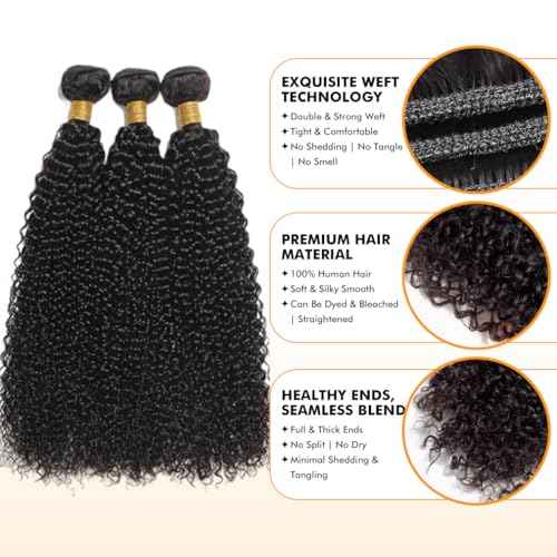 Kinky Curly Bundles Human Hair 16 18 20 Inch Human Hair Bundle 100% Unprocessed Brazilian Virgin Hair 3 Bundles for Black Women Weave Extensions Natural Black