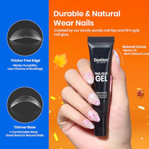 Beetles Gel Nail Kit Short Almond with Nail Dehydrator and Primer, 576Pcs Half Matte Etch-X Nail Tips Solid Nail Glue Mini Nail Lamp Nail Extension Set Gift, with Blooming Gel 15ml for Spreading Effec
