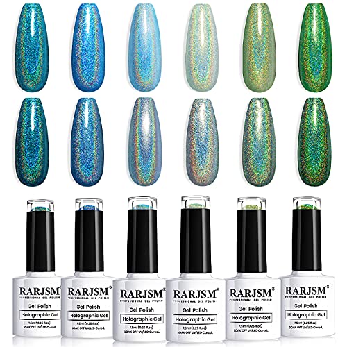 RARJSM Holographic Gel Nail Polish Set - 6PCS Turquoise Green