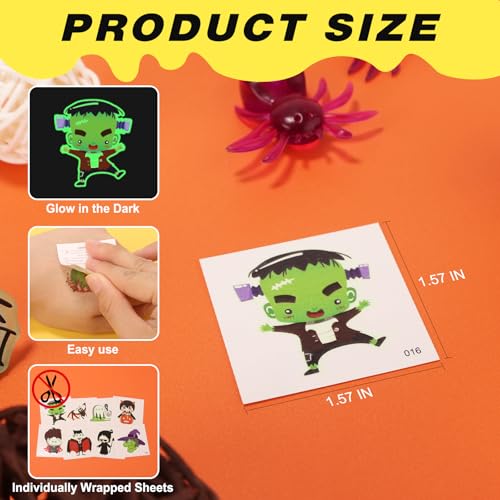 Glow Halloween Tattoos, 200 PCS Individually Wrapped Glow in the Dark Temporary Tattoos, Luminous Halloween Stickers Party Decorations, Halloween Party Favors Supplies Goodie Bag Fillers