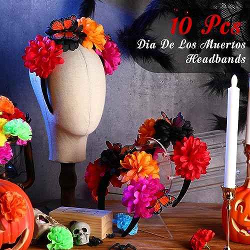 Hotop 10 Pcs Day of the Dead Flower Crown Headband Mexican Headband with Monarch Butterfly for Fiesta Hat Party Supplies