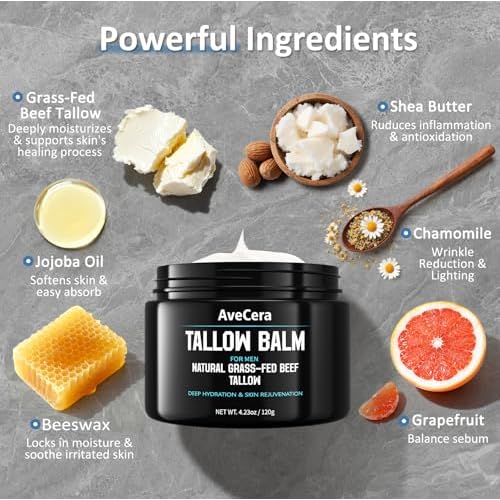 Wrinkles Smooths Beef Tallow Balm for Men Tallow Face Moisturizer for Face Hydration Anti Aging Cream - Natural Mens Facial Skincare Lotion with Jojoba Oil Clean Scent - 4.23 oz