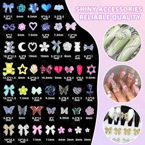 Assorted Nail Charms Kit, 3D Nail Charms and Flatback Pearls Gems Set, Gold Silver Nail Bows, Flower Butterfly Bows 3D Asssorted Nail Charms and Gems, Nail Pearls for Nail Art DIY with Pickup Tools