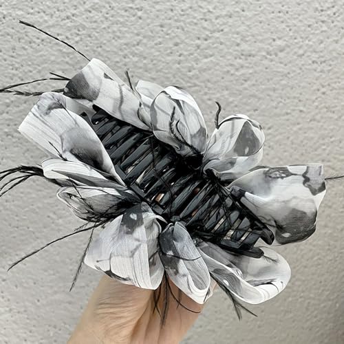 Chiffon Silk Large Hair Claw Clips with Bows, Feather Barrette Jaw Clamps for Thick Curly Hair Accessories for Women and Girls (Small)