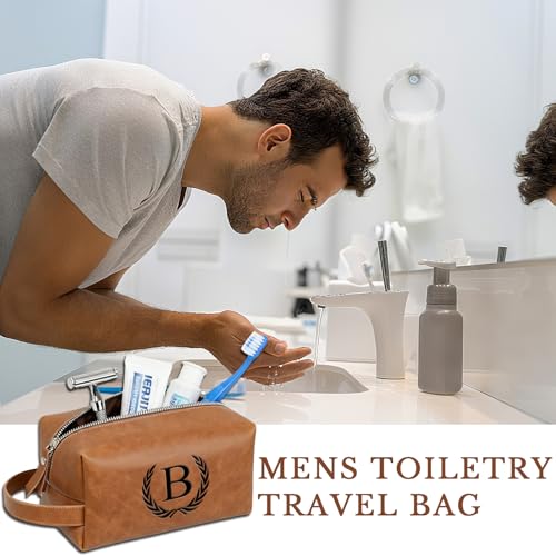 Personalized Leather Toiletry Travel Bag for Men Custom Christmas Birthday Gifts for Men Groomsmen Dad Husband Boyfriend Engraved Initial Waterproof Shaving Bags(A, Dark Brown)