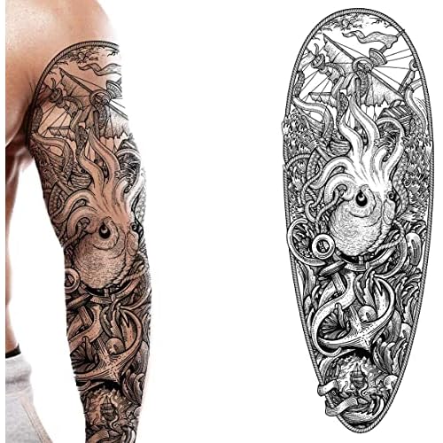 2 x Temporary tattoo full arm caribbean pirate kraken stick on body art transfer for women and men cosplay halloween adult temp tattoo for arms fancy dress