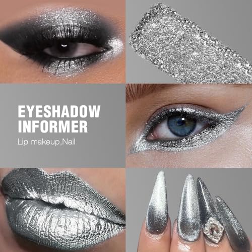 Afflano Silver Glitter Eyeshadow Super Pigmented, Intense Color Gray Silver Eyeshadow Palette Single, Long Lasting Sparkle Shimmer Metallic Glitter Eyes Look, Blendable Neutral Grey Eye Shadow Makeup