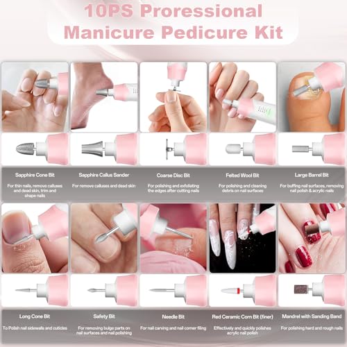 Pink Cordless Electric Nail Drill File Kit with 10 Accessories & LED Lamp