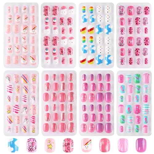 192Pc short Press on Nails for Kids,8 Packs Children Stick on Nails Fake Nails for Kid,Pre-glue Full Cover Colorful Unicorn Flamingo Cloud Patterns 7-12 Years Old