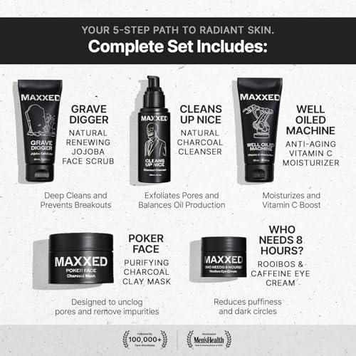 MAXXED Complete Advanced Rejuvenation Routine - 5 in 1 Men¡¯s Skincare Set with Face Wash, Scrub, Moisturizer, Eye Cream and Detox Clay Mask - Natural Skincare Kit for Clean, Hydrated, Even Skin