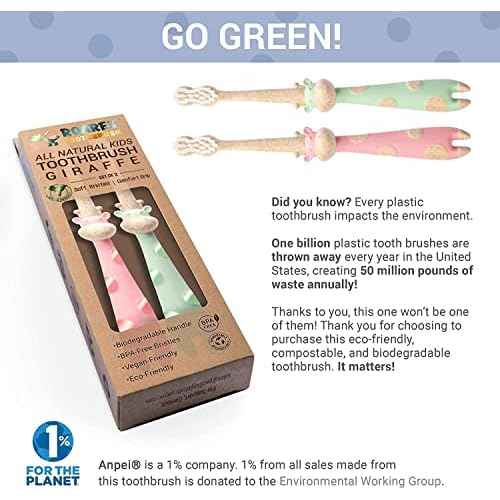 ROARex¢ç All-Natural Eco Friendly Kids Toothbrush Made from Plants - Giraffe 4-36m - Baby to Toddler - Mint/Rose - 4pk | 1% for The Planet Product