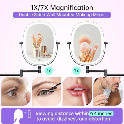 FUNTOUCH Wall Mounted Makeup Mirror with Light, Oval Rechargeable Double-Sided 7X/1X Magnifying Mirror, Vanity Mirror Dimmable 3 Color Light, 360¡Æ Extension Rotation Foldable 13.5 in