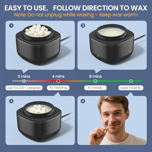 Nose Wax Kit Men, Nose Ear Hair Waxing Kit with 100g Wax, 40 Sticks, Nose Ear Hair Removal Kit, USB Fast Heat, Smart Constant Temp, Upgraded Size, Multi-Accessories, Black