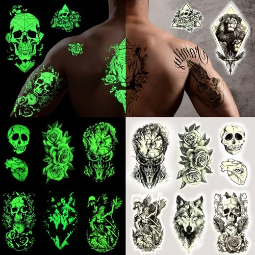 Temporary Tattoos Adult, Glow in The Dark tattoos, 44 Sheets Luminous Temporary Tattoos Stickers, 12 Sheets Fake Body Arm Chest Shoulder Tattoos for Men or Women with 32 Sheets Tiny Tattoos.