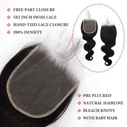 12A Body Wave Human Hair Bundles with Closure 22 24 26+20 Inch 5x5 HD Lace Closure 100% Brazilian Virgin Human Hair 3 Bundles with Closure Deals Hair Extensions Quick Weave Bundle Natural Black