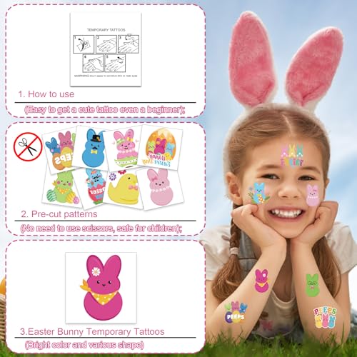 HOWAF 96pcs Easter Bunny Peeps Temporary Tattoos, Rabbits Tattoo Stickers for Kids Easter Party Supplies, Easter Eggs Tattoo Stickers Easter Face Tattoos Easter Gift Bag Filler