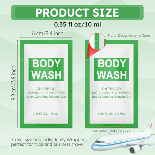 Travel Size Body Wash Packet Bulk Pack of 200,Individually Wrapped 0.35 fl oz(10 ml) Disposable Small Mini Bath Shower Gel Toiletries Supplies for Hotel,Guests,Homeless,Charity,Gym