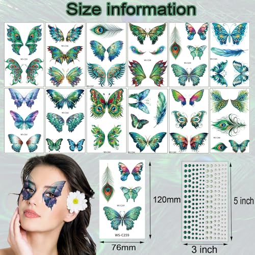 Peacock Butterfly Temporary Face Tattoos with Rhinestone Gems