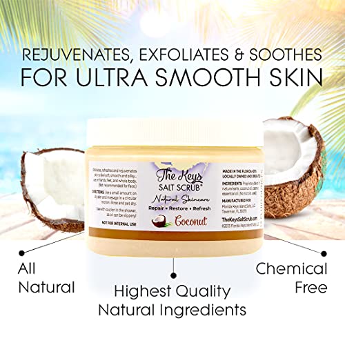The Keys Salt Scrub -Sea Salt Scrub - Exfoliating Body Scrub with Wooden Spoon - Moisturizing Exfoliator for Hands, Foot, Bath, (12 Ounce (Pack of 3), Coconut)