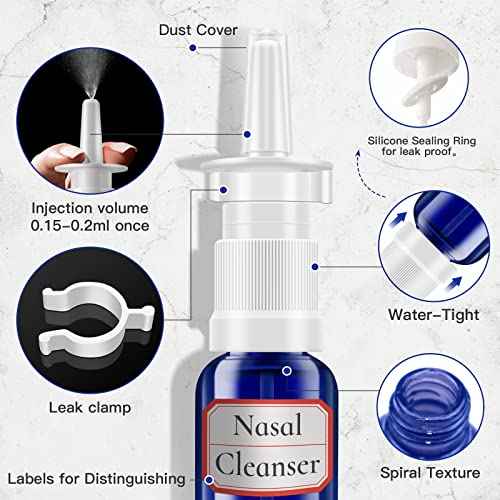 FZENeast Nasal Spray Bottle, 6 Pcs 30ML/1oz Glass Refillable Continuous Fine Mister Spray Bottles, Small Empty Nasal Sprayer with Different Sprayers, Funnels, Travel Clips and Labels(Blue)