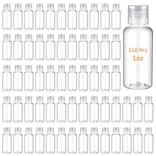 Mimorou 150 Pcs 1oz Travel Bottles Bulk for Toiletries Clear Small Travel Size Bottles Bulk Refillable Empty Containers for Shampoo Lotion Liquid Body Soap Cream Toiletries