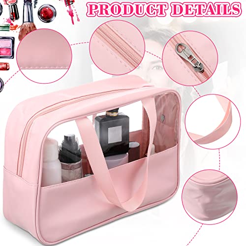 Reginary 6 Pcs Large Clear Makeup Bags, Toiletry Organizer with Zipper and Handle Strap, Portable Cosmetic Bag Waterproof Transparent for Travel Vacation, 11.8 x 8.3 x 3.9 Inch(Pink)