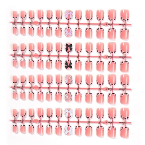 Pink French Tip Press-On Nails Set - 96Pcs Short Square with Bow