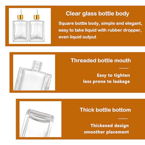 6 Pack 50ml Clear Square Glass Dropper Bottles with Golden Caps